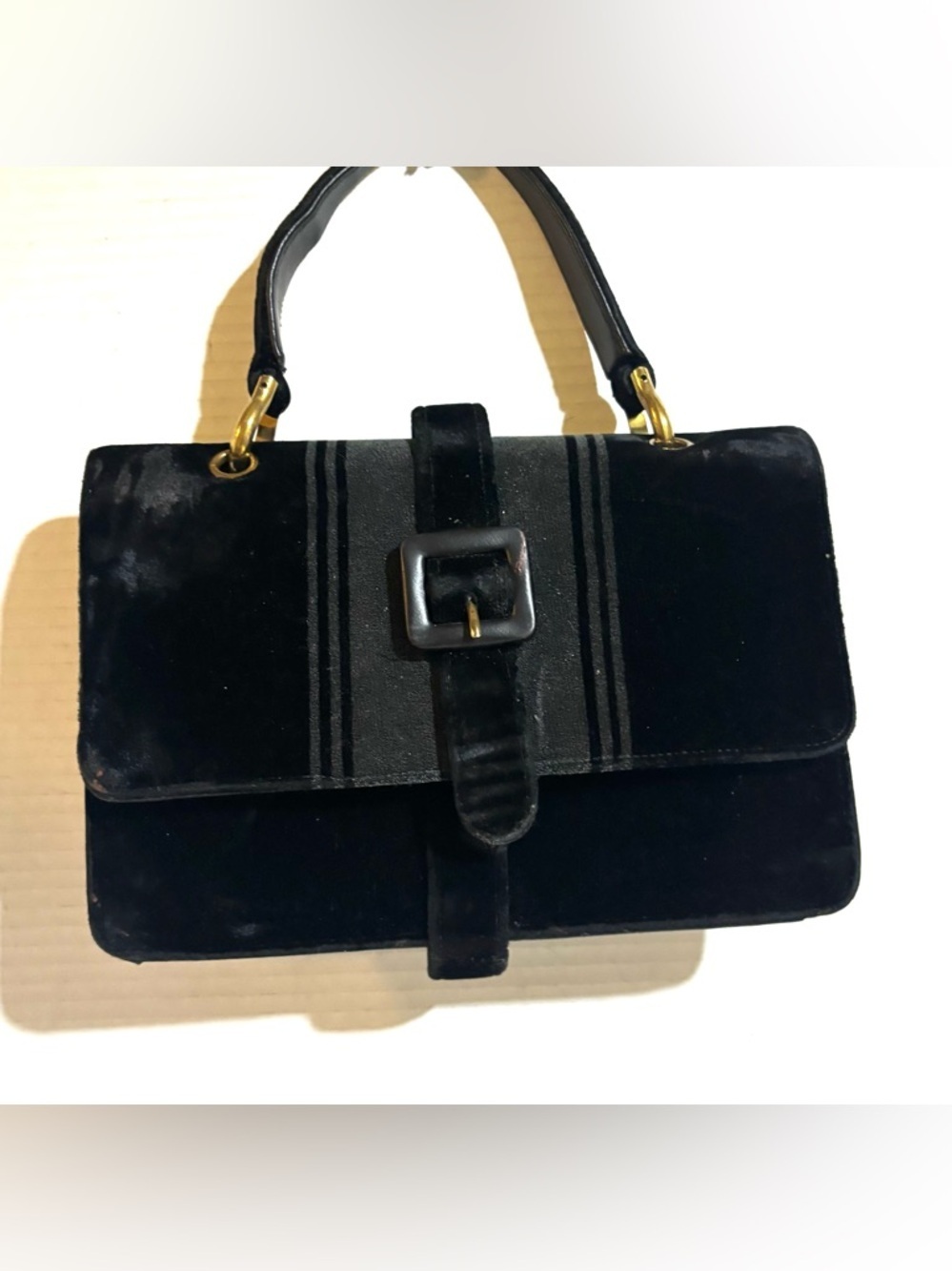Vintage Black Velvet / leather Satchel with Gold Hardware